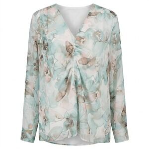 NEW Calvin Klein Womens 2X Blue Floral V-Neck Ruched Blouse Long Sleeve Shirt